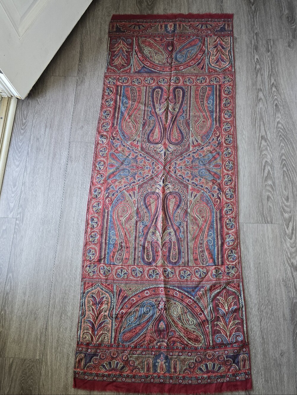 Les Olivades France Wool Silk Paisley Wrap Scarf Shawl Red Blue Fringe Stole